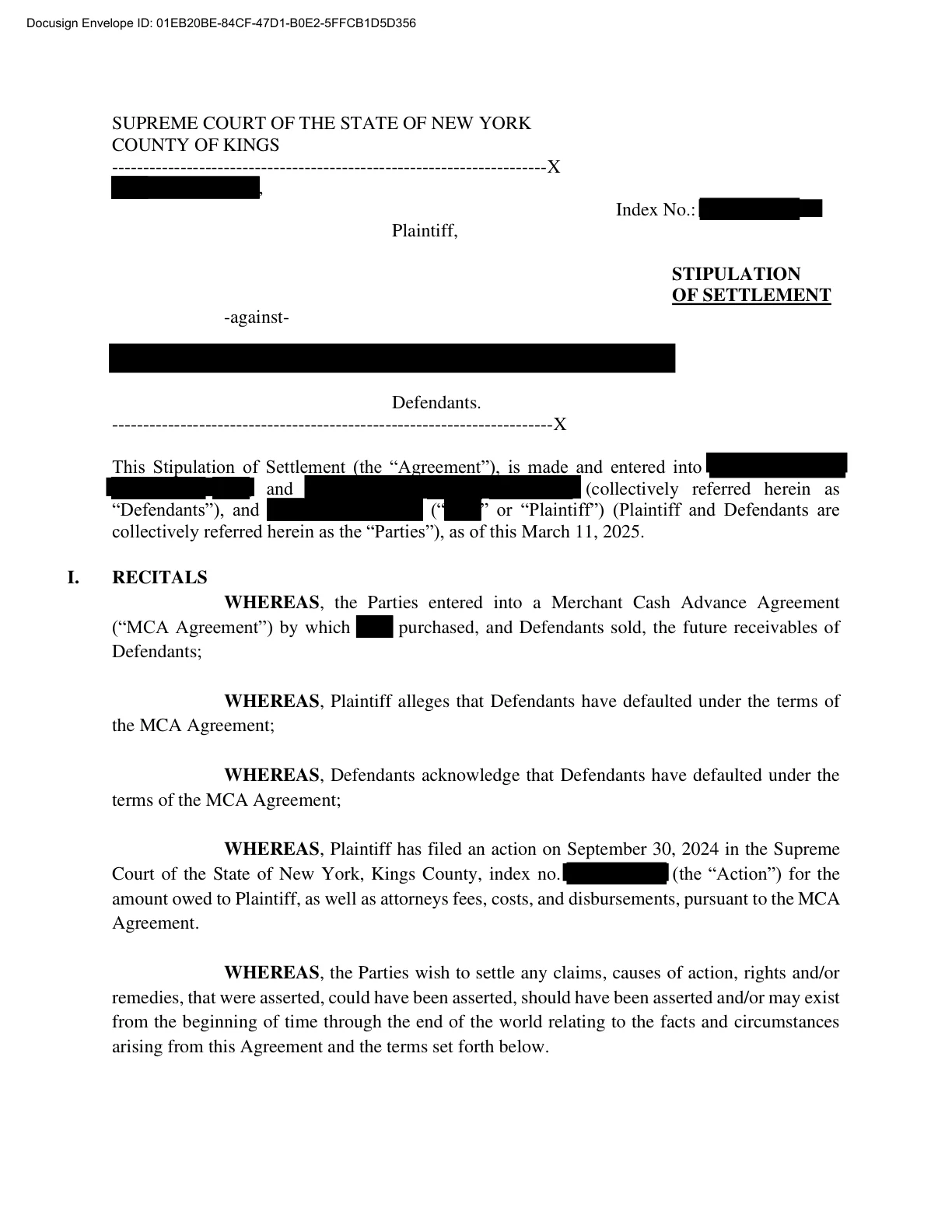 Anonymized sample settlement document