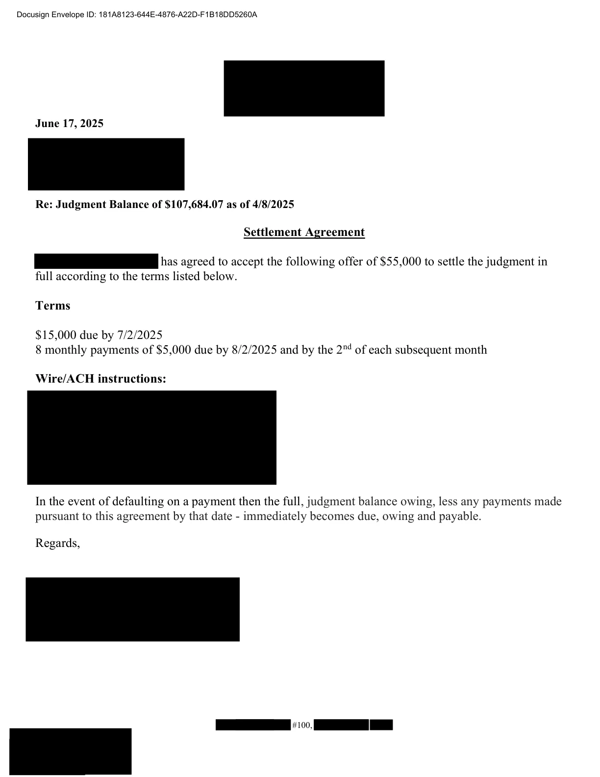 Anonymized sample settlement document