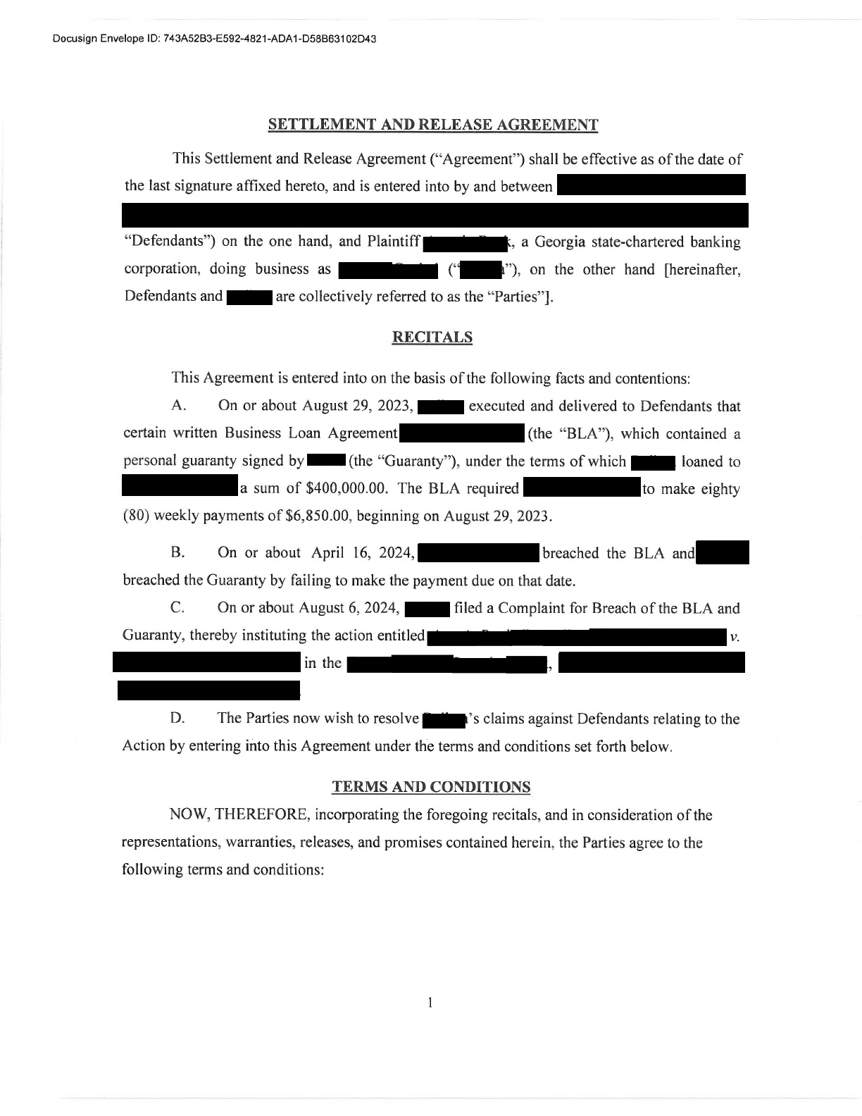 Anonymized sample settlement document